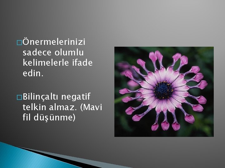 � Önermelerinizi sadece olumlu kelimelerle ifade edin. � Bilinçaltı negatif telkin almaz. (Mavi fil