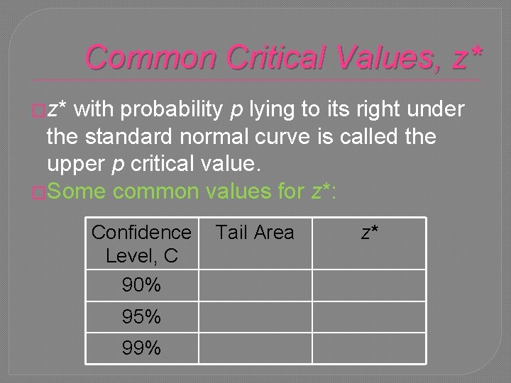 Common Critical Values, z* �z* with probability p lying to its right under the