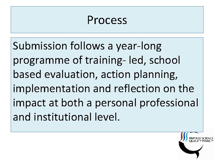 Process Submission follows a year-long programme of training- led, school based evaluation, action planning,