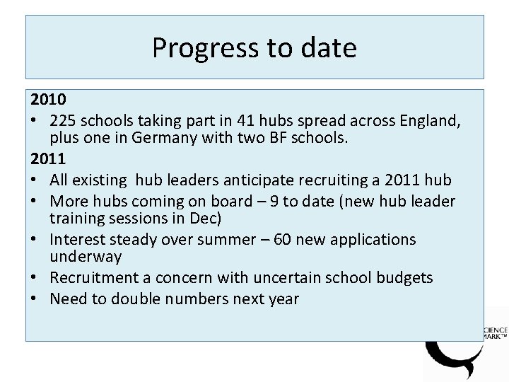 Progress to date 2010 • 225 schools taking part in 41 hubs spread across