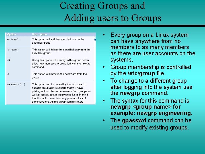 Creating Groups and Adding users to Groups • Every group on a Linux system