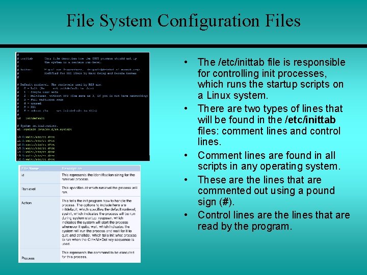 File System Configuration Files • The /etc/inittab file is responsible for controlling init processes,