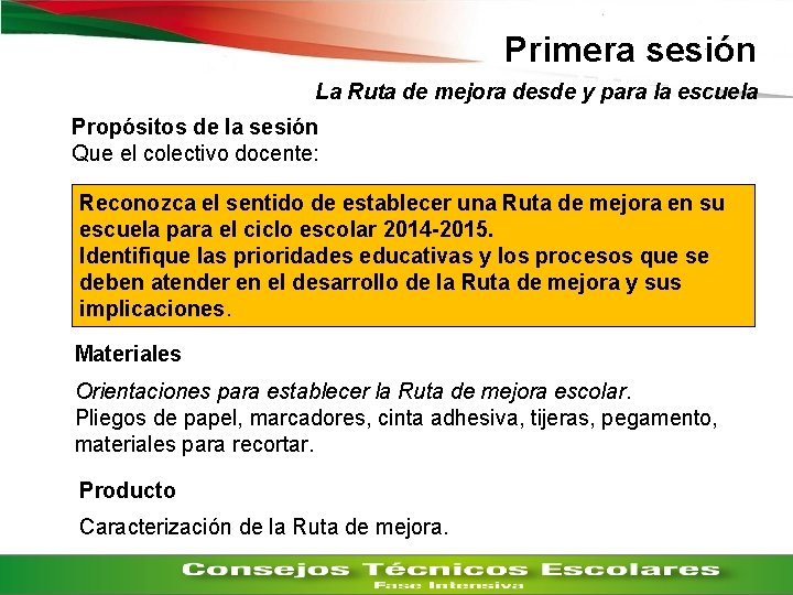 Primera sesión La Ruta de mejora desde y para la escuela Propósitos de la