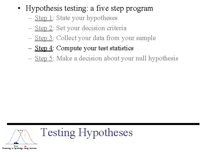  • Hypothesis testing: a five step program – – – Step 1: State