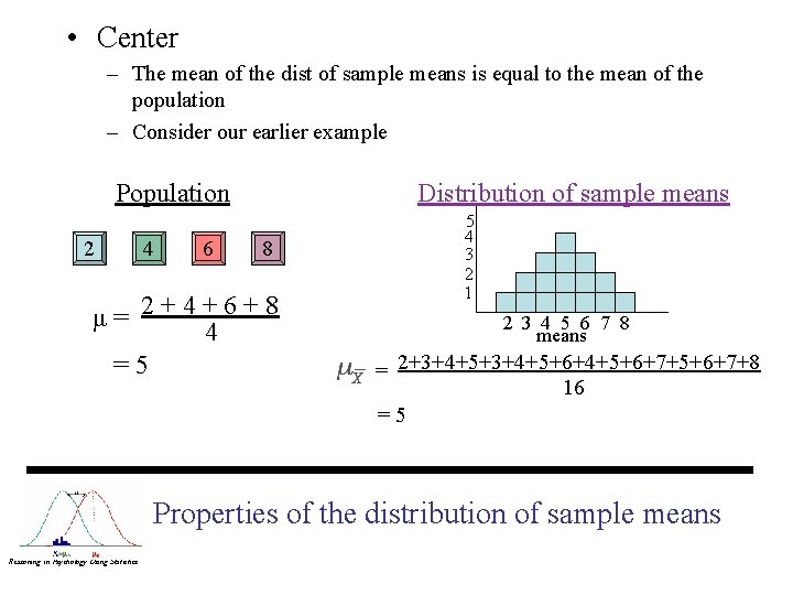 • Center – The mean of the dist of sample means is equal