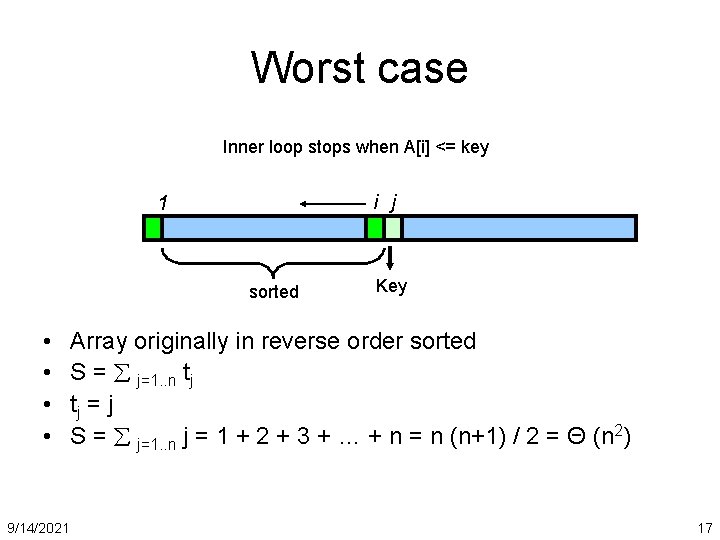 Worst case Inner loop stops when A[i] <= key i j 1 sorted •