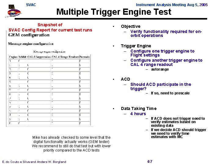 SVAC Instrument Analysis Meeting Aug 5, 2005 Multiple Trigger Engine Test Snapshot of SVAC