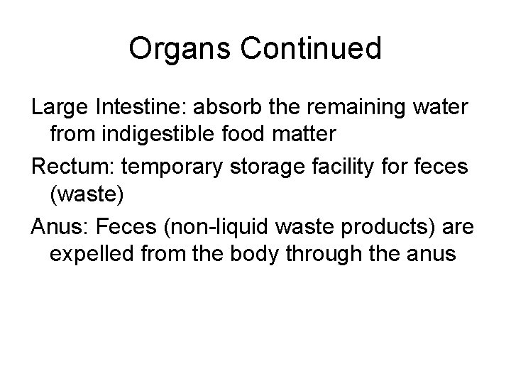 Organs Continued Large Intestine: absorb the remaining water from indigestible food matter Rectum: temporary