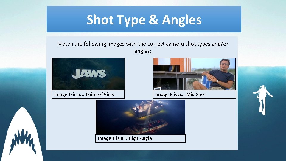 Shot Type & Angles Match the following images with the correct camera shot types