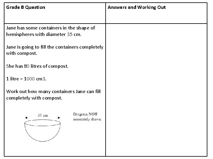 Grade B Question Jane has some containers in the shape of hemispheres with diameter