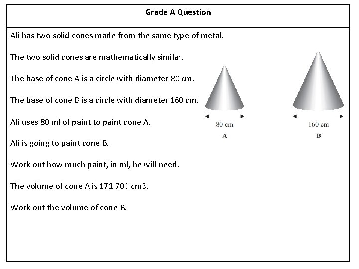 Grade A Question Ali has two solid cones made from the same type of