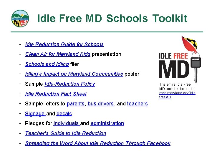 Idle Free MD Schools Toolkit • Idle Reduction Guide for Schools • Clean Air