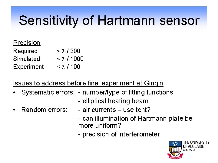 Sensitivity of Hartmann sensor Precision Required Simulated Experiment < / 200 < / 100