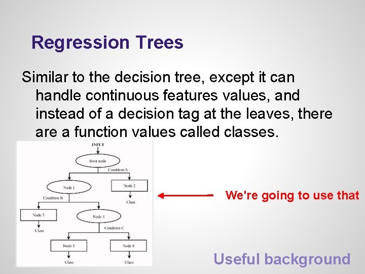 Regression Trees Similar to the decision tree, except it can handle continuous features values, Regression Trees Similar to the decision tree, except it can handle continuous features values,