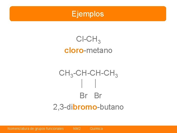 Ejemplos Cl-CH 3 cloro-metano CH 3 -CH-CH-CH 3 Br Br 2, 3 -dibromo-butano Nomenclatura