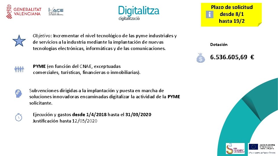 Plazo de solicitud desde 8/1 hasta 19/2 Objetivo: Incrementar el nivel tecnológico de las