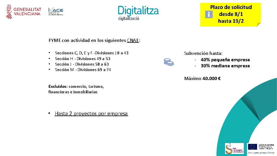 Plazo de solicitud desde 8/1 hasta 19/2 PYME con actividad en los siguientes CNAE: