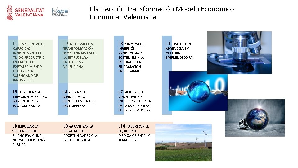 Plan Acción Transformación Modelo Económico Comunitat Valenciana L 1 DESARROLLAR LA L 2 IMPULSAR