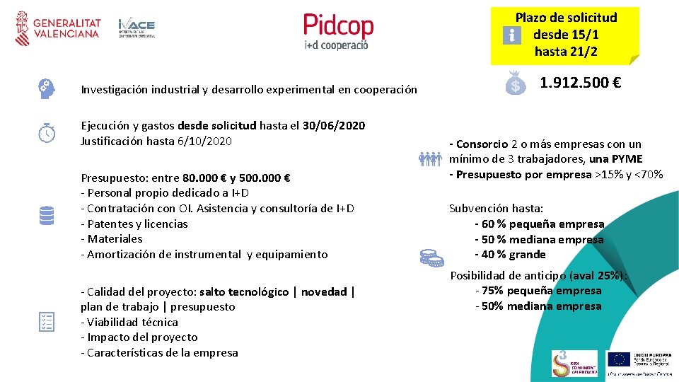 Plazo de solicitud desde 15/1 hasta 21/2 Investigación industrial y desarrollo experimental en cooperación