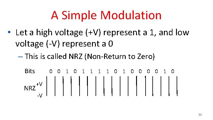 A Simple Modulation • Let a high voltage (+V) represent a 1, and low