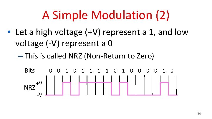 A Simple Modulation (2) • Let a high voltage (+V) represent a 1, and