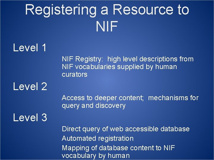 Registering a Resource to NIF Level 1 NIF Registry: high level descriptions from NIF