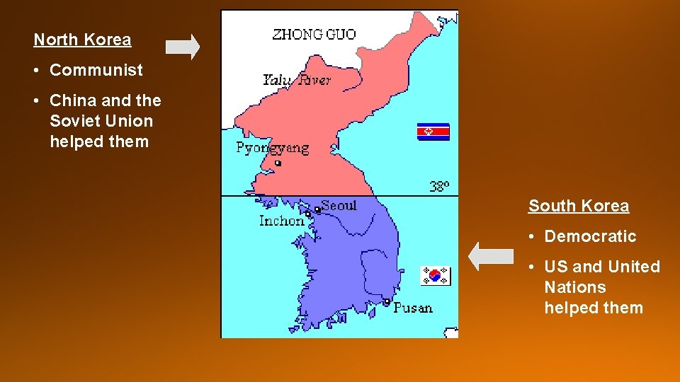North Korea • Communist • China and the Soviet Union helped them South Korea