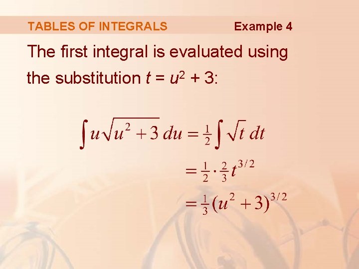 TABLES OF INTEGRALS Example 4 The first integral is evaluated using the substitution t