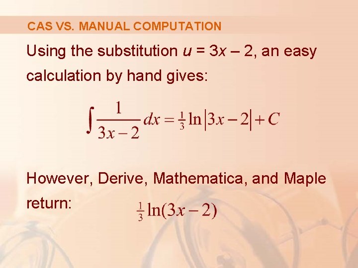 CAS VS. MANUAL COMPUTATION Using the substitution u = 3 x – 2, an
