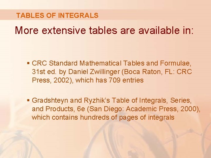 TABLES OF INTEGRALS More extensive tables are available in: § CRC Standard Mathematical Tables