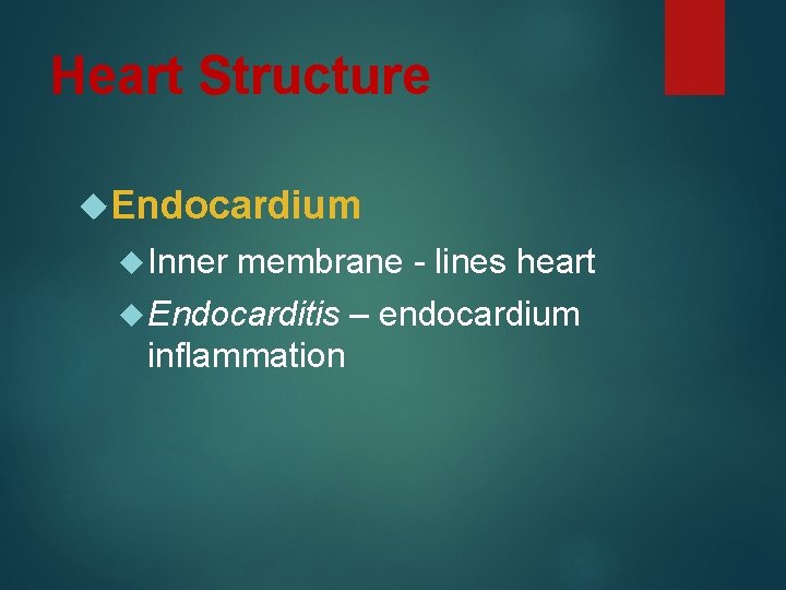 Heart Structure Endocardium Inner membrane - lines heart Endocarditis inflammation – endocardium 