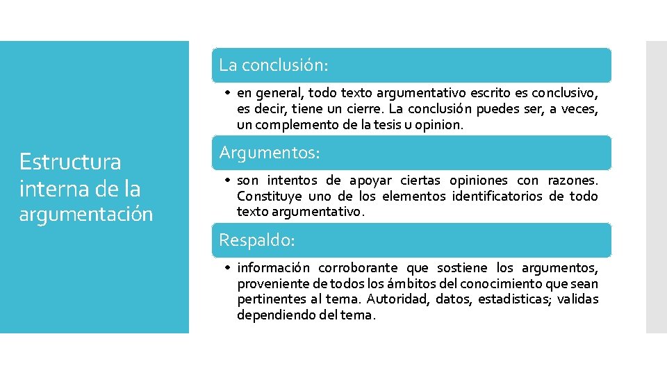 La conclusión: • en general, todo texto argumentativo escrito es conclusivo, es decir, tiene