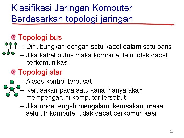 Klasifikasi Jaringan Komputer Berdasarkan topologi jaringan Topologi bus – Dihubungkan dengan satu kabel dalam