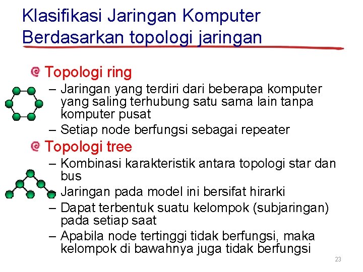 Klasifikasi Jaringan Komputer Berdasarkan topologi jaringan Topologi ring – Jaringan yang terdiri dari beberapa