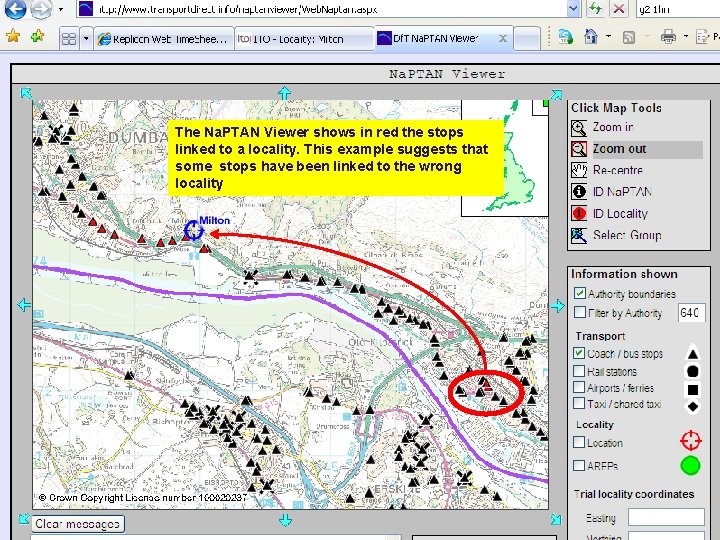 The Na. PTAN Viewer shows in red the stops linked to a locality. This