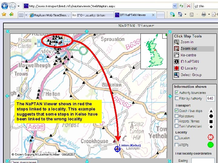 The Na. PTAN Viewer shows in red the stops linked to a locality. This