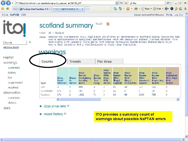 ITO provides a summary count of warnings about possible Na. PTAN errors 