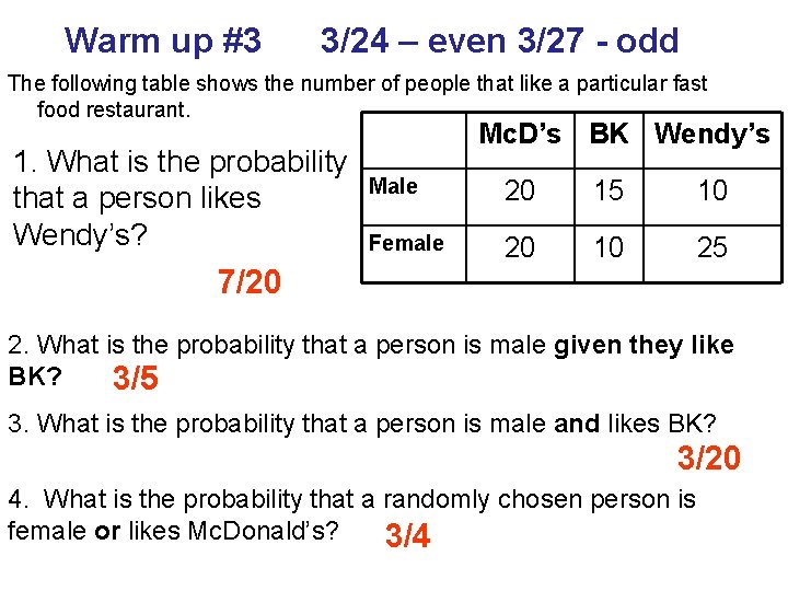 Warm up #3 3/24 – even 3/27 - odd The following table shows the