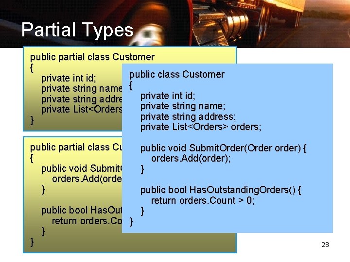 Partial Types public partial class Customer { public class Customer private int id; private