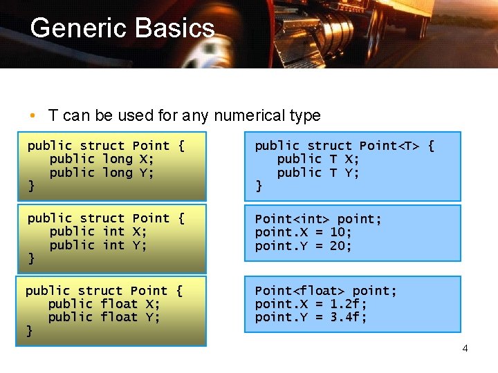 Generic Basics • T can be used for any numerical type public struct Point