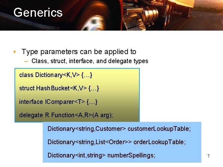 Generics • Type parameters can be applied to – Class, struct, interface, and delegate