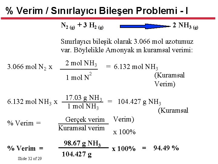 % Verim / Sınırlayıcı Bileşen Problemi - I N 2 (g) + 3 H