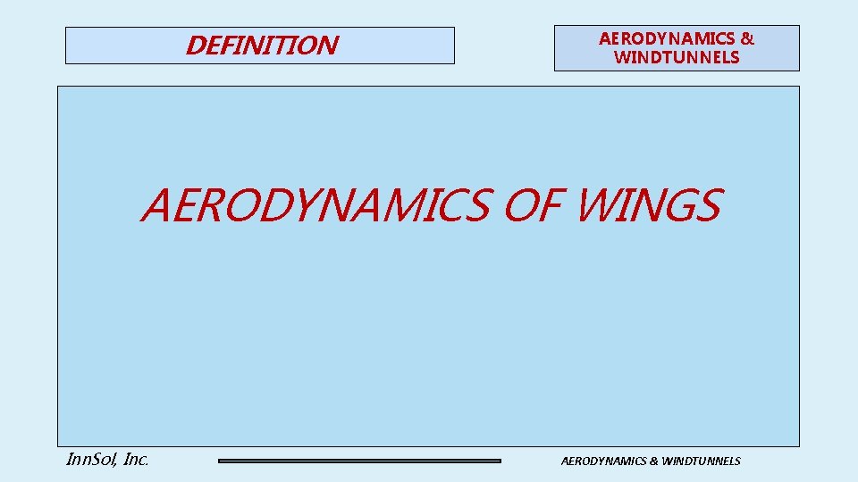 DEFINITION AERODYNAMICS & WINDTUNNELS AERODYNAMICS OF WINGS Inn. Sol, Inc. AERODYNAMICS & WINDTUNNELS 
