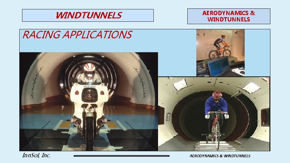 WINDTUNNELS AERODYNAMICS & WINDTUNNELS RACING APPLICATIONS Inn. Sol, Inc. AERODYNAMICS & WINDTUNNELS 