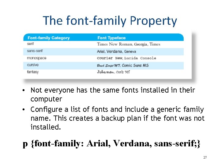 The font-family Property • Not everyone has the same fonts installed in their computer The font-family Property • Not everyone has the same fonts installed in their computer