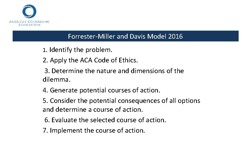 Forrester-Miller and Davis Model 2016 1. Identify the problem. 2. Apply the ACA Code