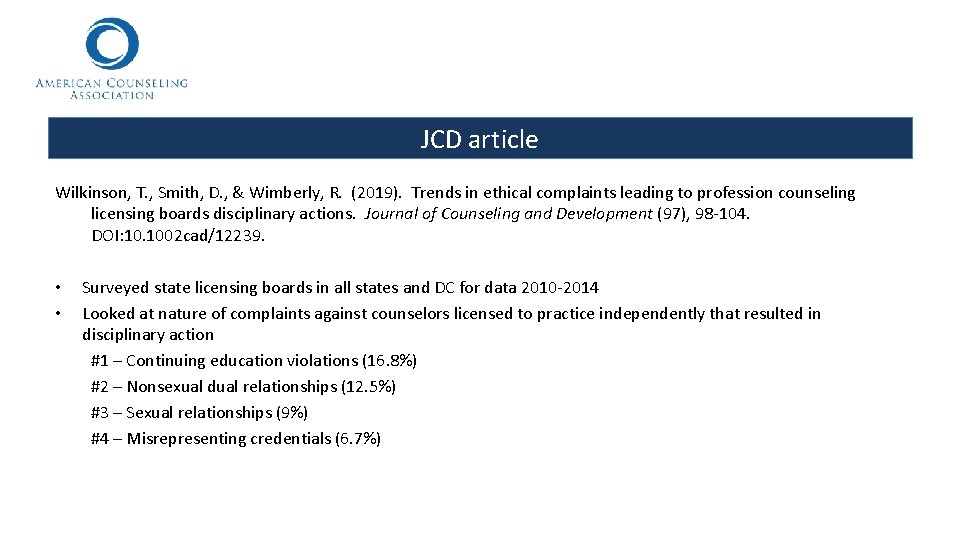 JCD article Wilkinson, T. , Smith, D. , & Wimberly, R. (2019). Trends in