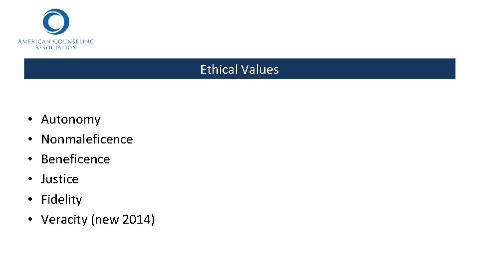 Ethical Values • • • Autonomy Nonmaleficence Beneficence Justice Fidelity Veracity (new 2014) 