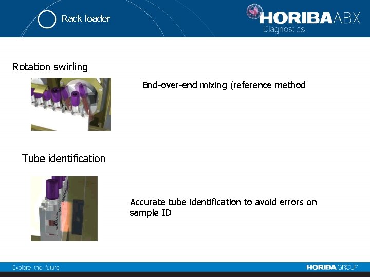 Rack loader Rotation swirling End-over-end mixing (reference method Tube identification Accurate tube identification to