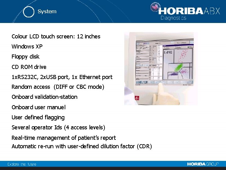 System Colour LCD touch screen: 12 inches Windows XP Floppy disk CD ROM drive